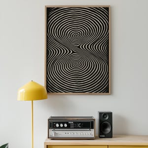 Black and White Optical Illusion Wall Art – Abstract Spiral Line Art Print – Modern Trippy Decor for Living Room or Studio