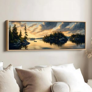 Lake Sunset Canoe Digital Art, Serene Forest Landscape Printable, Northern Wilderness Wall Decor, 1:3 Ratio Wide Artwork Download