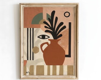 Modern abstrakt boho väggkonsttryck, terrakottavas och lövposter, minimalistisk geometrisk digital nedladdning, mitten av århundradet-inredning