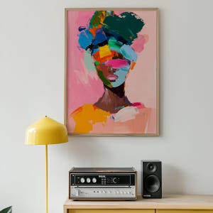 Retrato abstracto de mujer colorido: arte mural moderno y audaz: pintura facial contemporánea para dormitorio, estudio o galería.