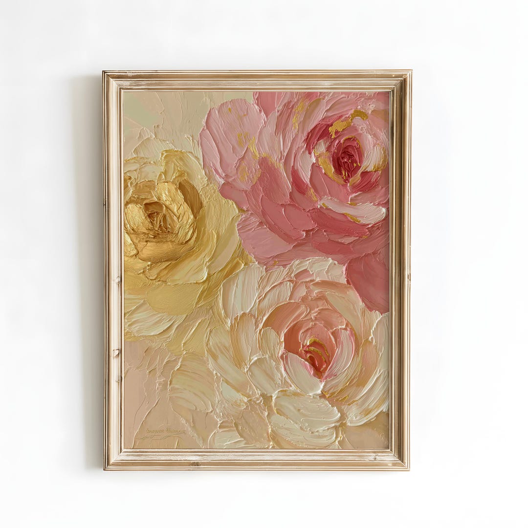 Blush Pink & Gold Floral Plaster Wall Art Print, Textured Rose Painting ...