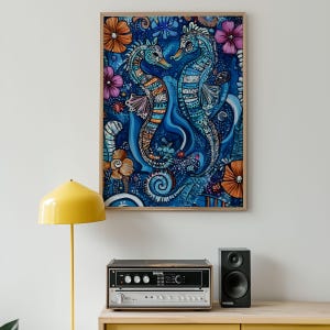 Seahorse Wall Art Print, Colorful Ocean Digital Download, Marine Life Poster, Tropical Underwater Artwork for Beach House & Coastal Decor