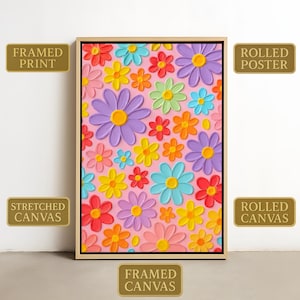 Decorazione murale con margherite colorate – Divertente stampa floreale 3D in colori pastello arcobaleno – Decorazione primaverile giocosa per ingresso o soggiorno