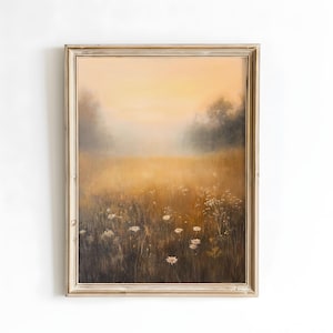 Golden Meadow Digital Art Print | Wildflower Field at Sunset | Warm Vintage Landscape Wall Art | Rustic Country Printable Decor