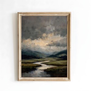 Vintage Landscape Wall Art Print | Moody River Valley Digital Painting | Rustic Countryside Printable Poster for Living Room or Office Decor