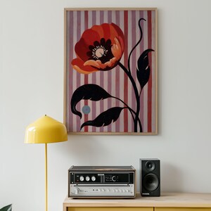 Modern Floral Wall Art Print | Bold Red Flower with Striped Background | Contemporary Botanical Digital Painting Printable Poster Home Decor