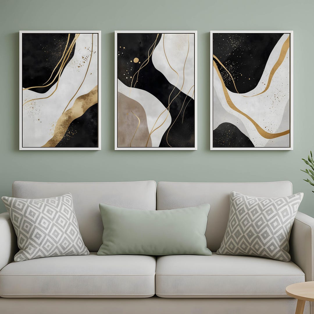 Black and Gold Abstract Wall Art – Set of 3 Digital Prints – Elegant ...