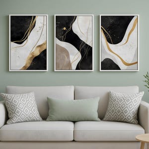 Black and Gold Abstract Wall Art – Set of 3 Digital Prints – Elegant Modern Minimalist Printable Decor for Living Room or Office
