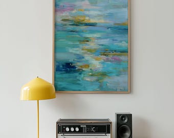 Abstract Ocean Wall Art – Modern Seascape Painting in Blue and Aqua Tones, Coastal Beach Artwork for Living Room Decor
