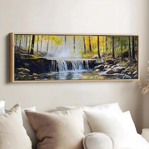 Forest Waterfall Digital Art, Peaceful Woodland Stream Landscape Printable, Nature Wall Decor, 1:3 Ratio Horizontal Download
