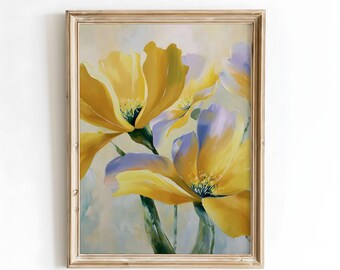 Yellow and Lavender Flower Wall Art, Soft Floral Painting, Modern Botanical Print, Elegant Digital Artwork for Home Decor