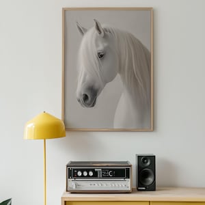 Impresión de arte mural de caballo blanco, descarga digital minimalista de caballo, elegante retrato animal, póster moderno de caballo para decoración del hogar y la oficina.
