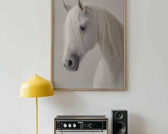 White Horse Wall Art Print, Minimalist Horse Digital Download, Elegant Animal Portrait, Modern Horse Poster for Home & Office Decor