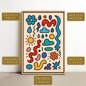 Arte mural abstracto y lúdico: formas y colores modernos con garabatos: impresión caprichosa para la habitación de los niños, la guardería o una divertida decoración del hogar.