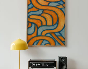 Abstrakt Geometrische Wand Kunst Orange Blau | Mutiges modernes digitales Kunstwerk | Mid Century Style Poster zum Ausdrucken