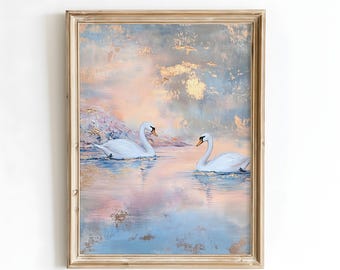 Romantic Swan Couple Digital Art Print | Elegant Lake Scene Wall Decor | Soft Pastel Wildlife Painting | Instant Download