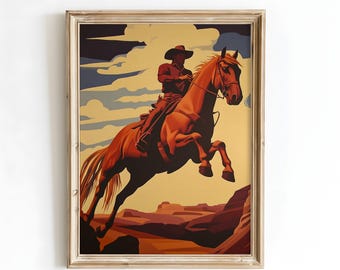 Cowboy Horse Poster Digital Download | Western Wall Art | Rodeo Cowboy Silhouette | Rustic Wild West Printable Decor | Digital Art