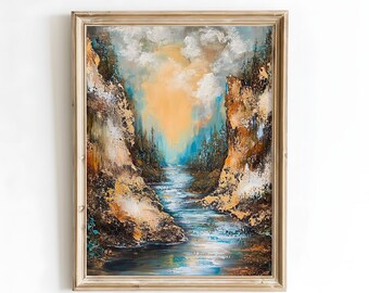 Impresión artística digital de río Canyon / Pintura mural de naturaleza abstracta / Decoración imprimible de paisajes audaces / Obra de arte colorida y texturizada