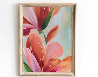 Bright Coral Flower Wall Art, Modern Floral Painting, Vibrant Botanical Print with Pink and Orange Petals, Digital Artwork