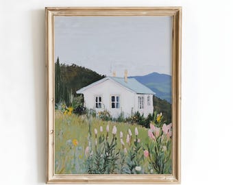 Arte mural de casa de campo vintage: pintura de paisaje rústico cottagecore con flores silvestres, decoración del hogar estilo granja