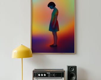 Stimmungsvolle Mädchen-Silhouette Wandkunst - Bunter emotionaler Porträtdruck - Zeitgenössische figurative Kunst für modernes Schlafzimmer- oder Studiodekor