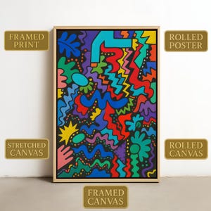 Arte mural abstracto y audaz – Impresión artística colorida estilo Memphis de los 80 – Formas geométricas vibrantes – Decoración pop retro y funky