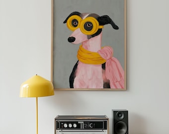 Hunde Wand Kunst Print - Windhund mit gelber Brille und rosa Schal, lustiges Tier Portrait für die Wanddekoration