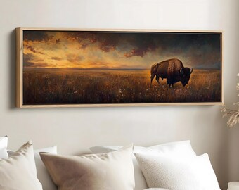 Bison-Kunstdruck, majestätische Bison-Kette im goldenen Feld bei Sonnenuntergang, 1x3 breite Prärie-Leinwand, rustikale Landschaft