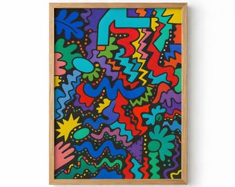 Poster Colorful Abstract Pop Art Wall Art, Bold Modern Doodle Pattern, Vibrant Maximalist Home Decor Print