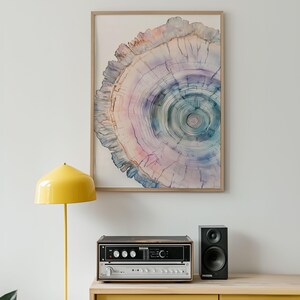 Watercolor Tree Ring Wall Art – Cool Toned Nature Slice Print in Teal & Purple – Abstract Digital Download for Modern Earthy Decor