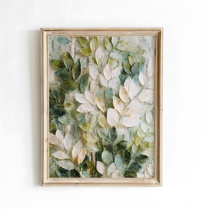 Green Botanical Wall Art Print, Textured Floral Canvas Painting, Neutral Nature Inspired Living Room Decor