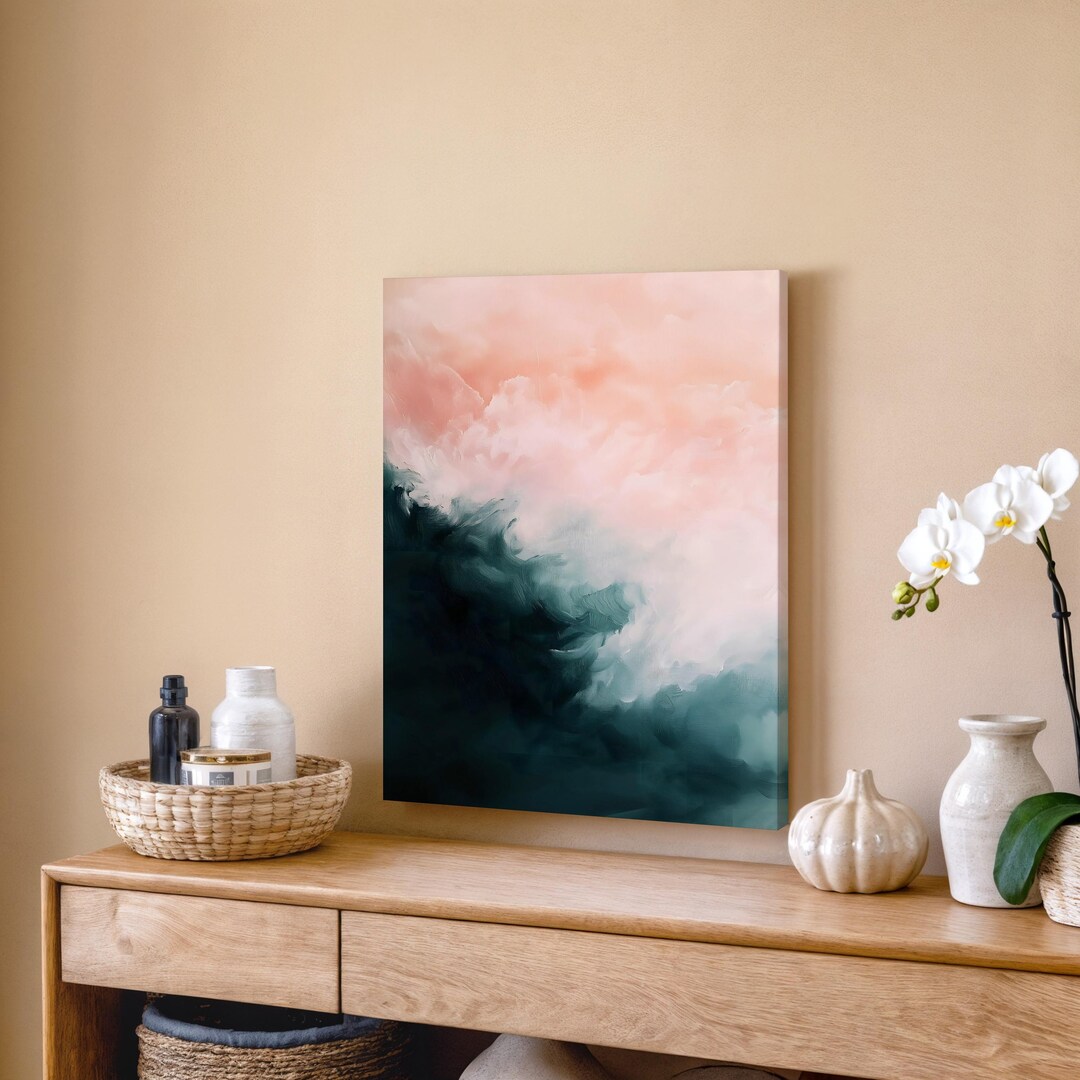 Canvas Stretched Abstract Ocean Wave Painting Soft Pink Blue Wall Art ...