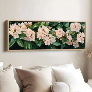 Rhododendron Wall Art, Soft Pink Floral Print, Botanical 1x3 Horizontal Art, Green Leaf Flower Decor, Digital Garden Bloom Artwork