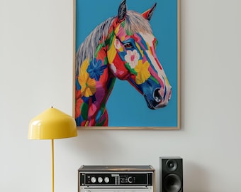 Impression d'art mural cheval coloré, téléchargement numérique cheval floral, peinture animalière moderne, décoration bohème lumineuse pour salon et bureau