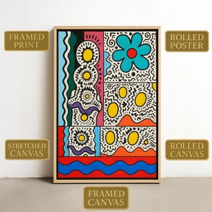 Verspielte Pop Art Wandkunst - Abstrakte Farbblocktechnik mit Doodles und Blumen – Bold Retro Print für modernes Wohndekor