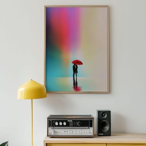 Romantic Rain Art Print – Couple with Red Umbrella Silhouette – Colorful Abstract Wall Art for Bedroom or Anniversary Gift