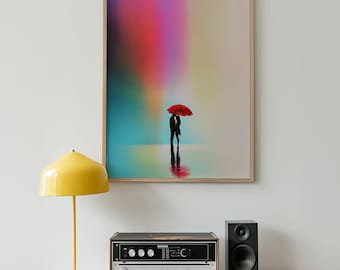 Impression d'art pluie romantique - Couple avec silhouette de parapluie rouge - Art mural abstrait coloré pour chambre à coucher ou cadeau d'anniversaire