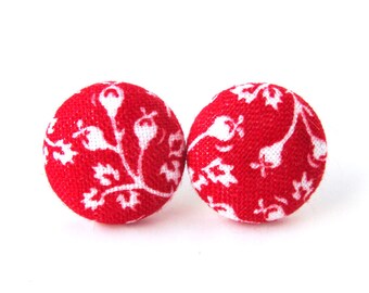 Tiny red earrings - red stud earrings - red button earrings - red fabric earrings - floral vintage - romantic gift - nickel free earrings