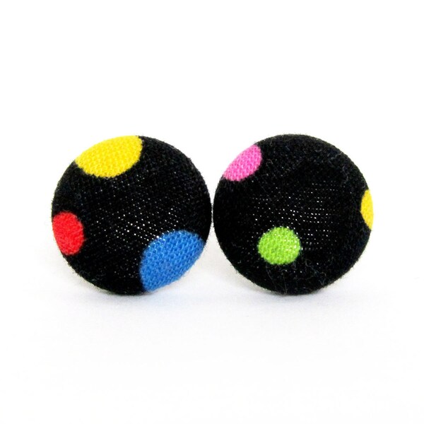 Funky button earrings - bright fabric stud earrings - black green red blue pink dots