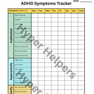 Pode incluir: Tabela de rastreamento de sintomas de TDAH com seções para sintomas, rastreamento diário e uma pontuação total. A tabela inclui categorias para desatenção, hiperatividade e impulsividade, com espaço para a data.
