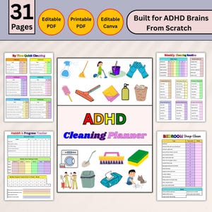 ADHD Putzplaner Bundle |Druckbar, bearbeitbar in PDF & Canva | Täglicher, wöchentlicher, monatlicher Reinigungsplan