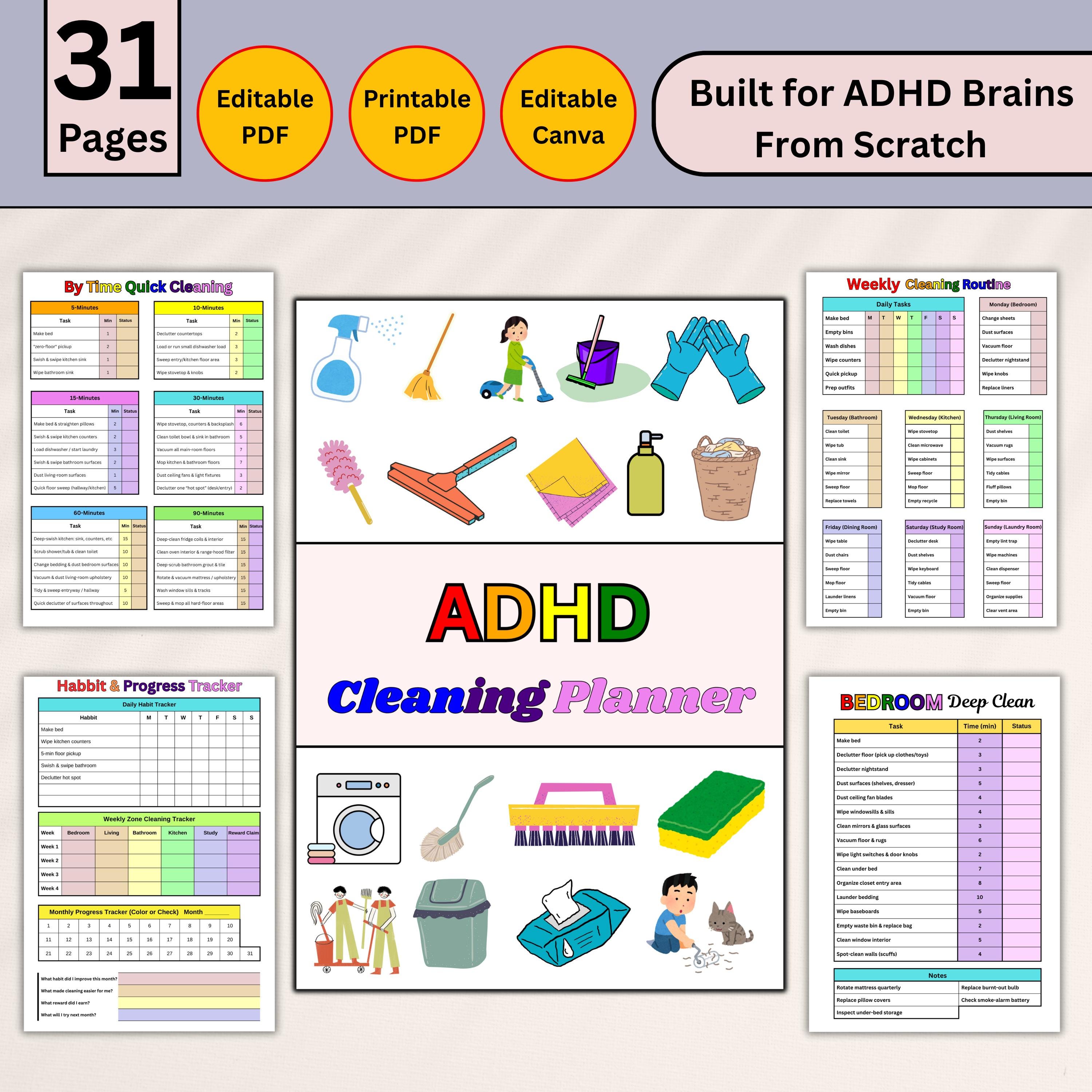 ADHD Cleaning Planner Bundle |printable, Editable in PDF & Canva