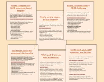 Może przedstawiać: Sześć stron z zeszytu ćwiczeń i trackera ADHD, z tytułami takimi jak "Jak świętować swoje osiągnięcia i postępy w ADHD" oraz "Jak ustalać i osiągać swoje cele ADHD". Tekst jest czarny na kremowym tle.