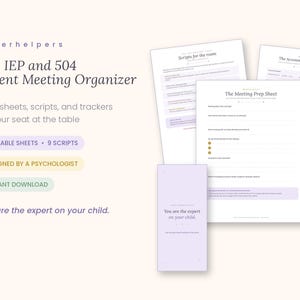 Könnte beinhalten: Der IEP und 504 Eltern-Meeting-Organizer enthält Vorbereitungsblätter, Skripte und Tracker. Das Set umfasst sechs ausfüllbare Blätter und neun Skripte, mit Texten wie The Meeting Prep Sheet und You are the expert on your child.