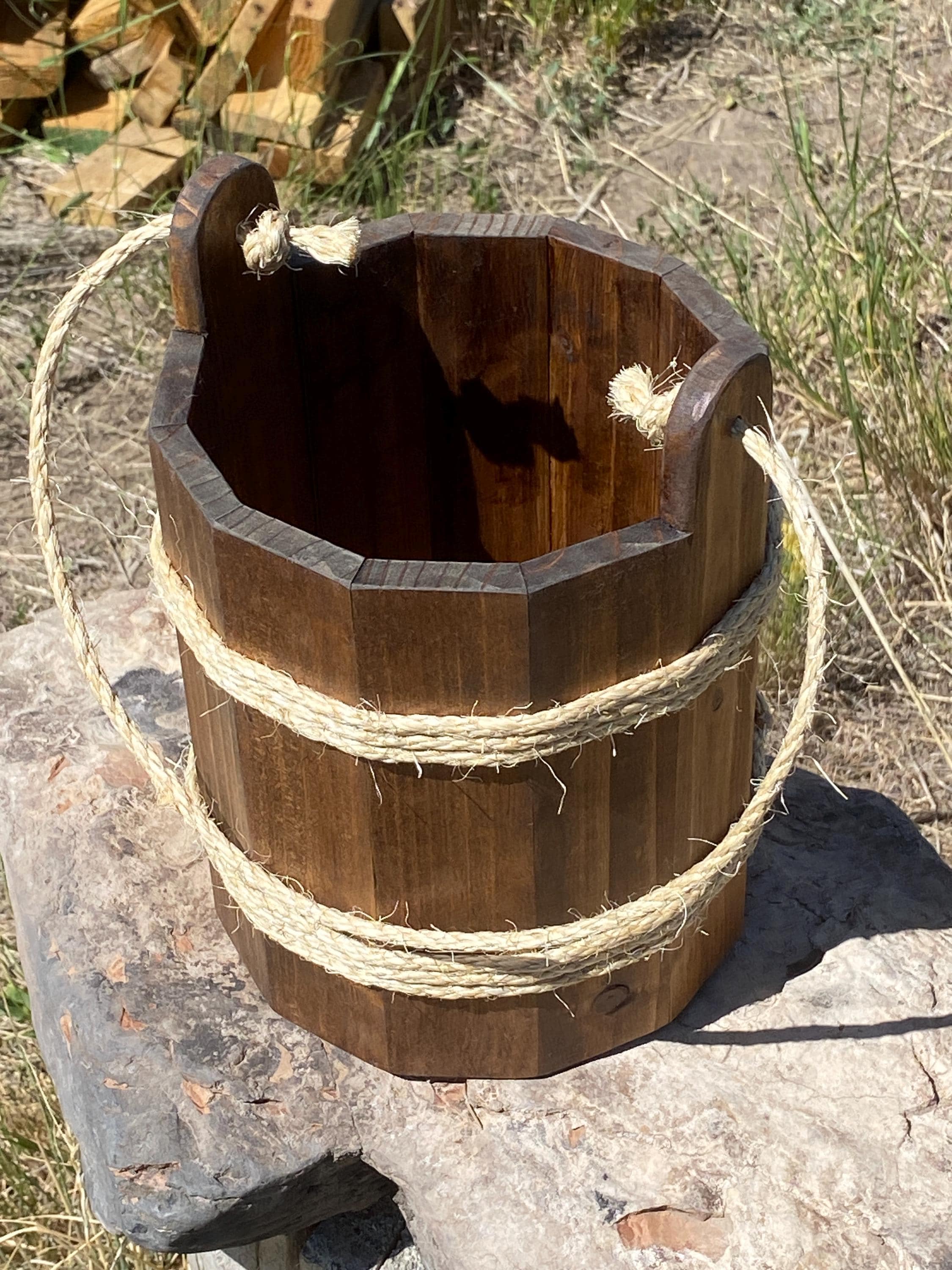 Rustic Wooden Bucket Planter – Handcrafted Vintage-Style Rope Handle Planter for Garden or Home Decor