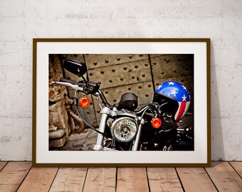 Vintage Harley Davidson Motorcycle Print – American Flag Helmet (Digital Download)