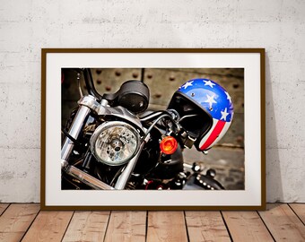 Vintage Harley-Davidson American Flag Helmet Print - Retro Motorcycle Art (Digital Download)