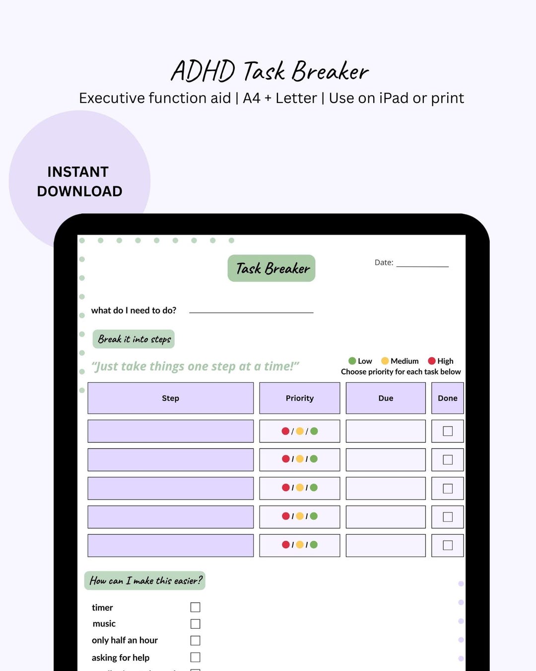 Task Breaker ADHD Printable | A4 + Letter PDF & JPG | Break Down Tasks ...