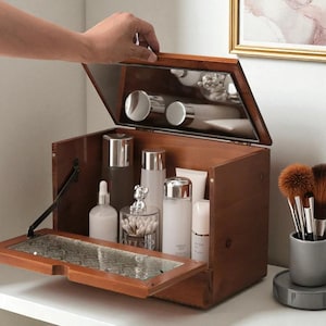 Retro wood makeup storage box with mirror, vintage cosmetic organizer, desktop vanity cabinet holder
