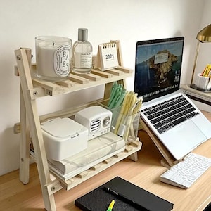 Softwood 2 tier desktop organizer shelf, trapezoid desk display rack for home office dorm storage